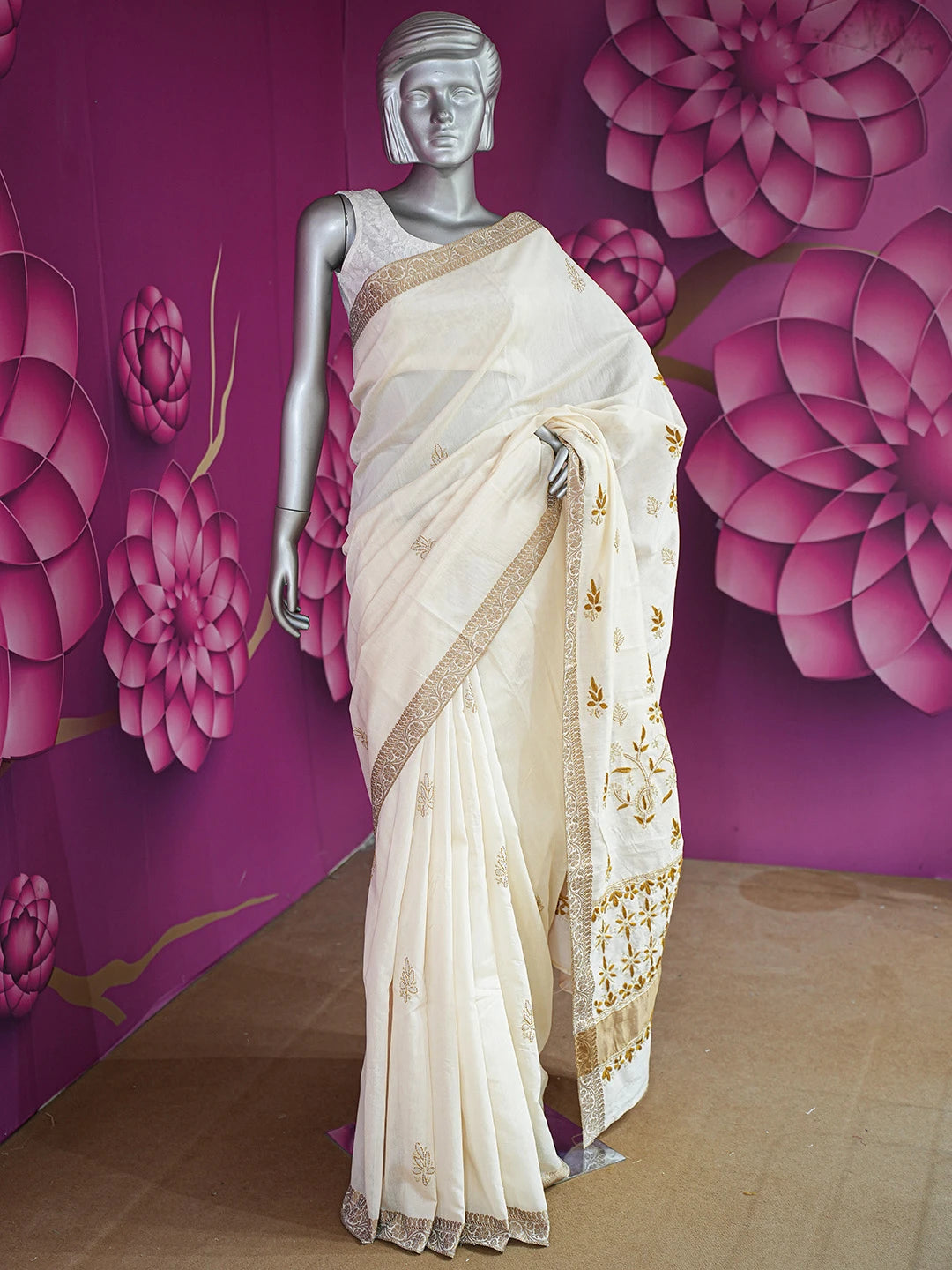 Ada Hand Embroidered Cream Chanderi Lucknowi Chikankari Saree and Blouse 01A729546