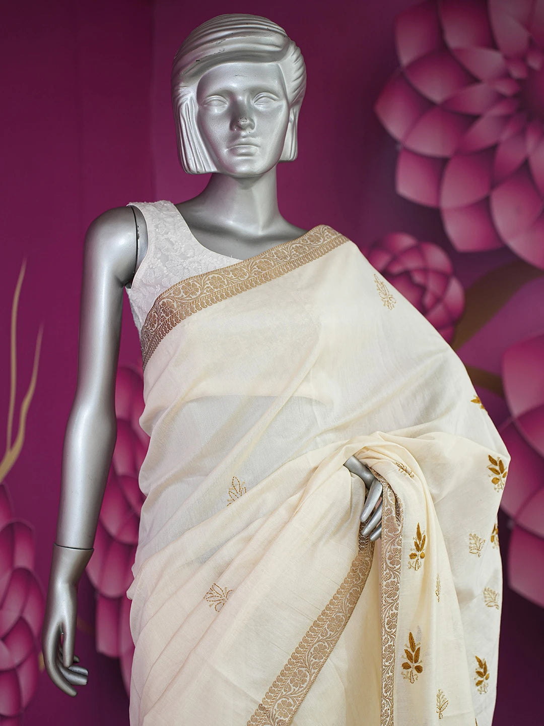 Ada Hand Embroidered Cream Chanderi Lucknowi Chikankari Saree and Blouse 01A729546