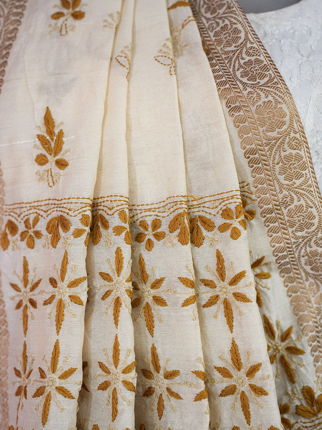 Ada Hand Embroidered Cream Chanderi Lucknowi Chikankari Saree and Blouse 01A729546