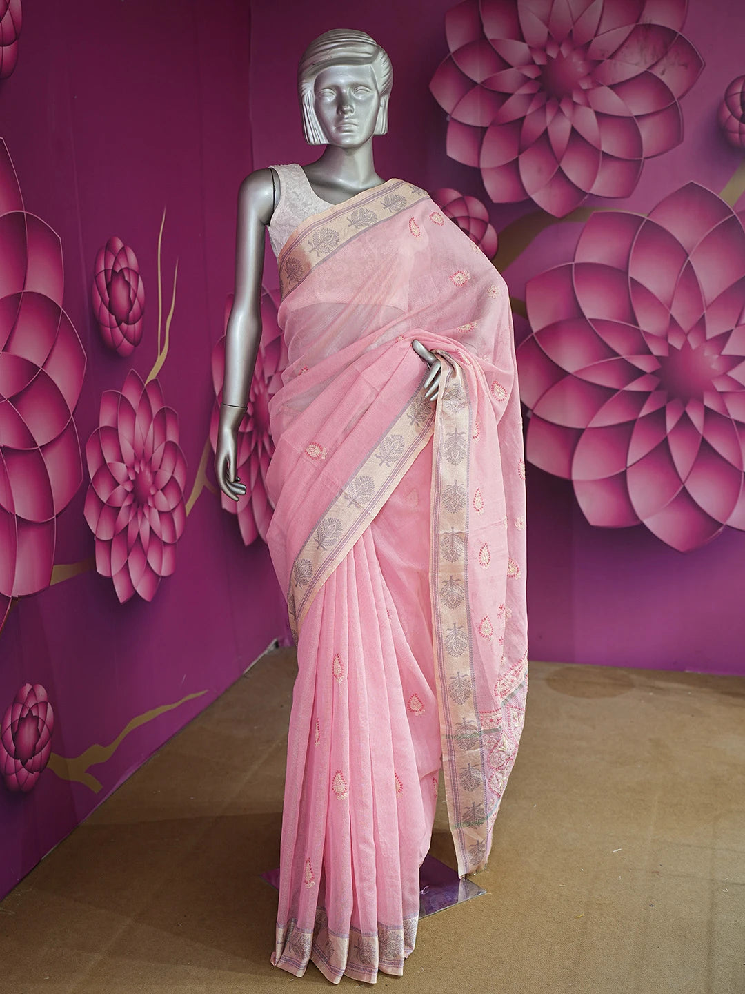 Ada Hand Embroidered Pink Kota Chanderi Lucknowi Chikankari Saree and Blouse 01A717623