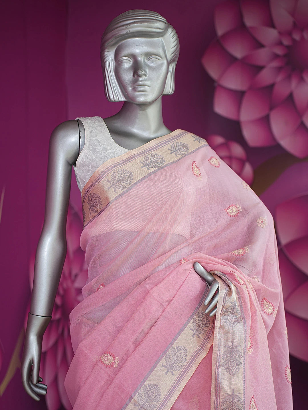 Ada Hand Embroidered Pink Kota Chanderi Lucknowi Chikankari Saree and Blouse 01A717623
