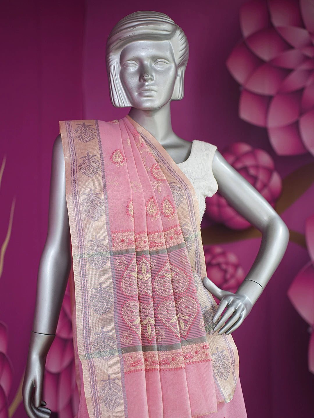 Ada Hand Embroidered Pink Kota Chanderi Lucknowi Chikankari Saree and Blouse 01A717623