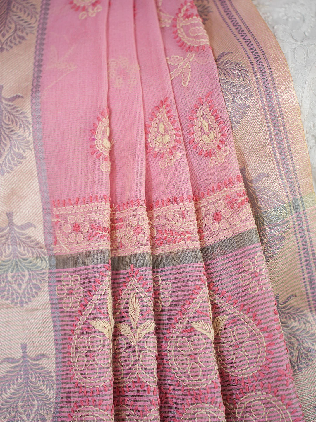 Ada Hand Embroidered Pink Kota Chanderi Lucknowi Chikankari Saree and Blouse 01A717623
