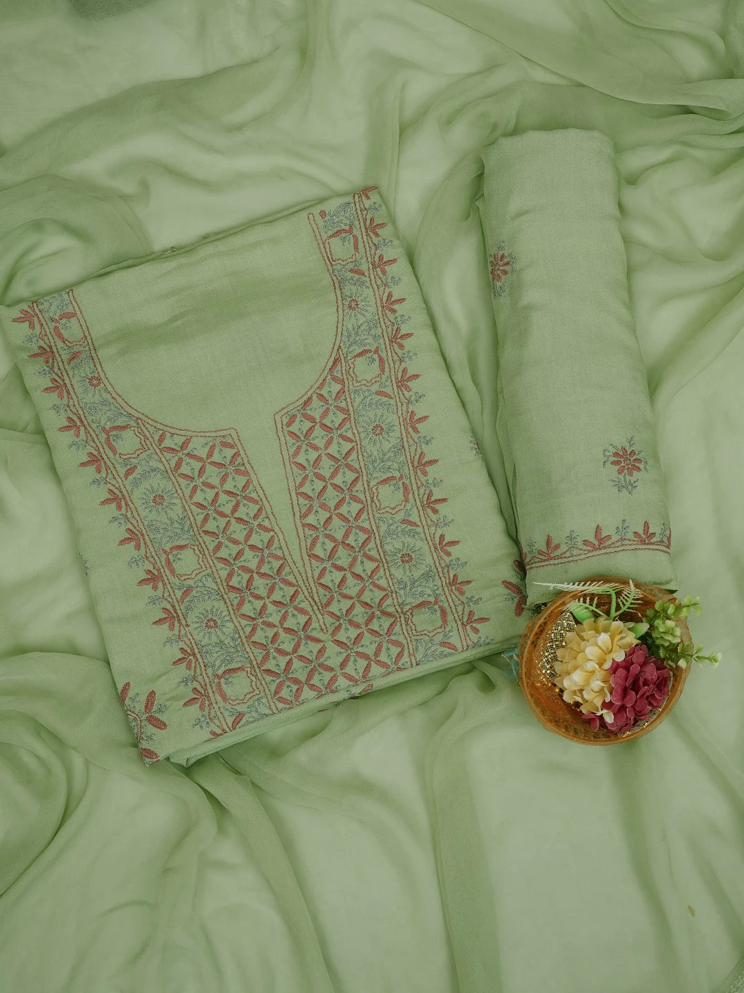 Ada Hand Embroidered Pista Green Modal Lucknowi Chikankari Unstitched Suit Piece 01A700550