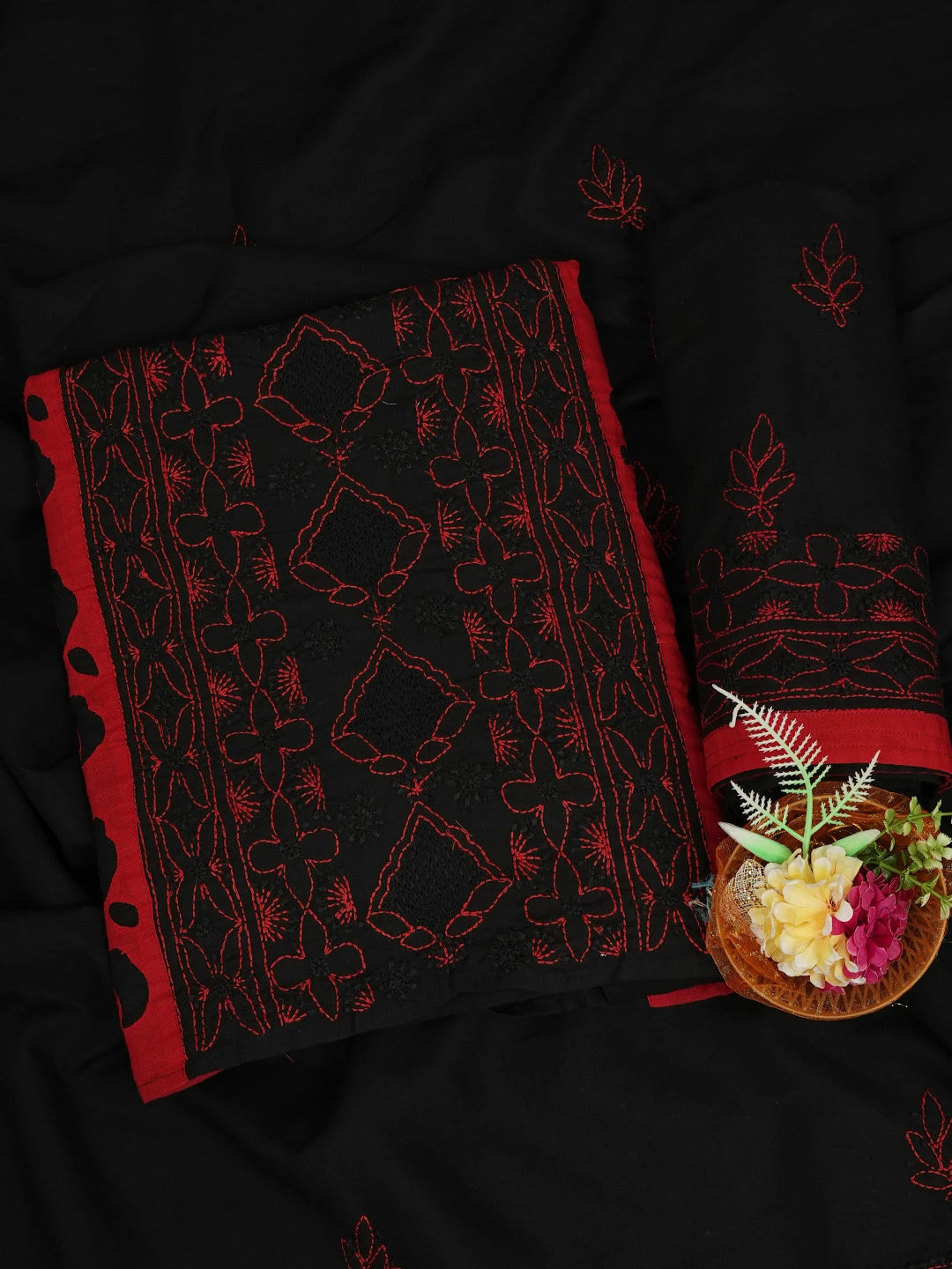 Ada Hand Embroidered Black Cotton Lucknowi Chikankari Unstitched Suit Piece 01A723485