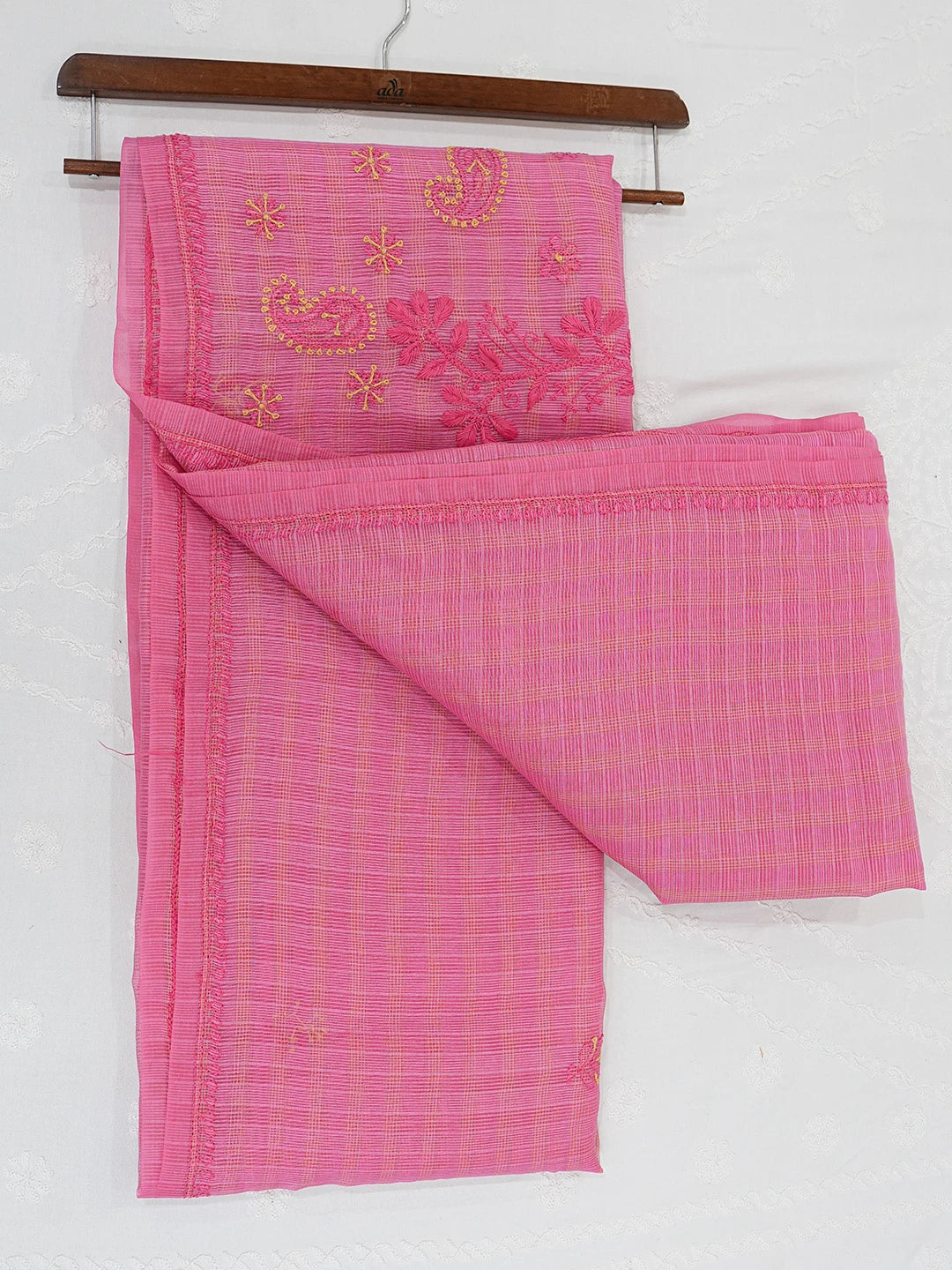 Ada Hand Embroidered Onion Pink Chanderi Lucknowi Chikankari Saree and Blouse 01A729040