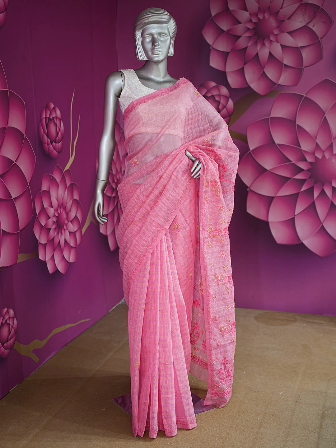 Ada Hand Embroidered Onion Pink Chanderi Lucknowi Chikankari Saree and Blouse 01A729040