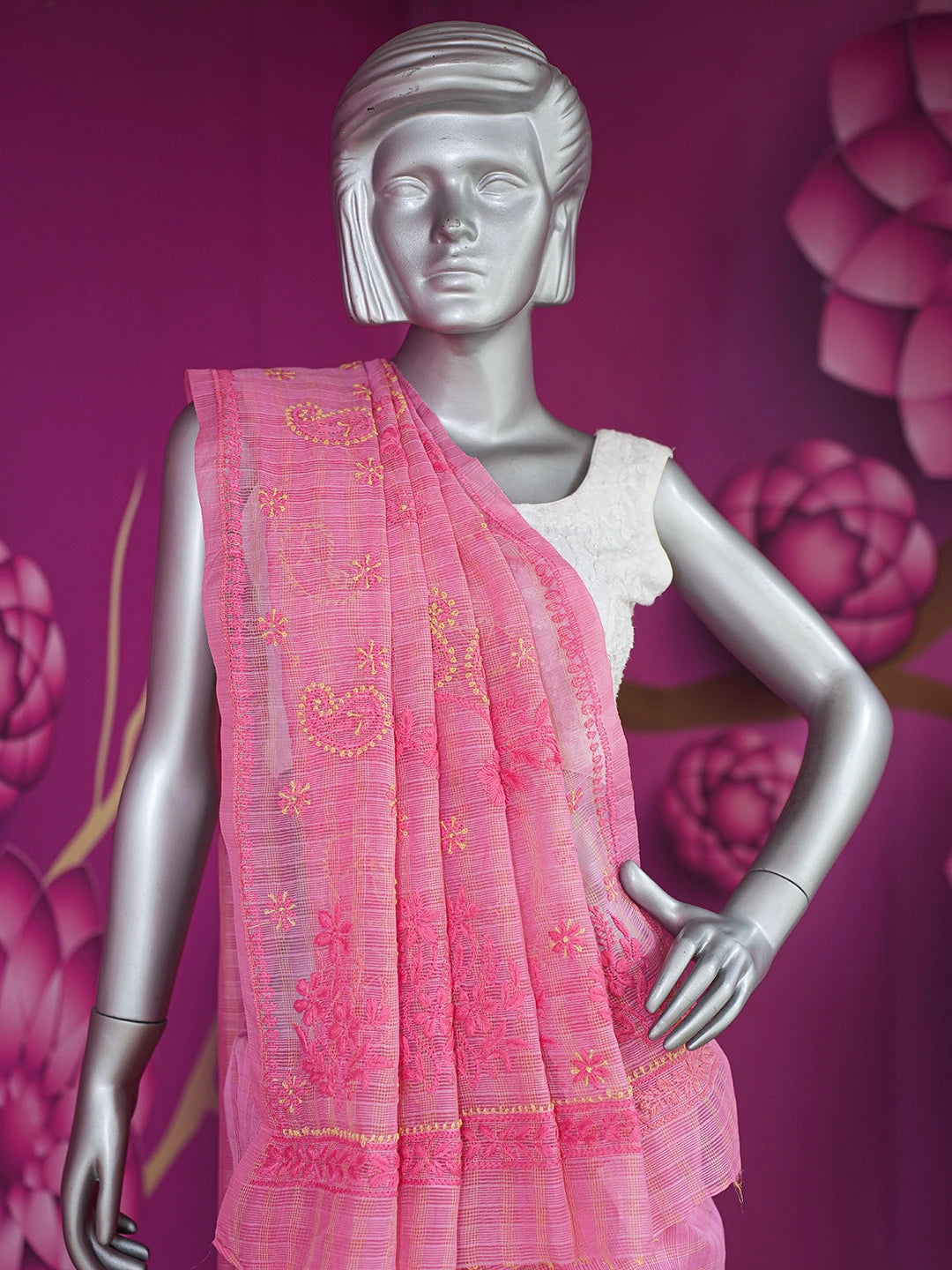 Ada Hand Embroidered Onion Pink Chanderi Lucknowi Chikankari Saree and Blouse 01A729040
