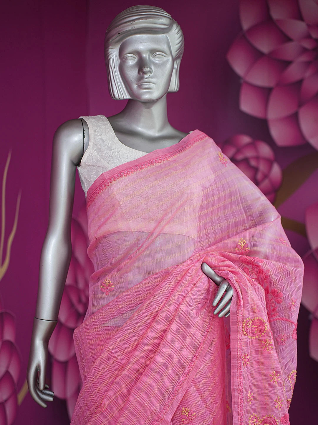 Ada Hand Embroidered Onion Pink Chanderi Lucknowi Chikankari Saree and Blouse 01A729040