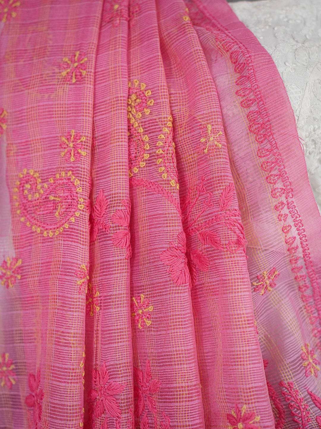 Ada Hand Embroidered Onion Pink Chanderi Lucknowi Chikankari Saree and Blouse 01A729040