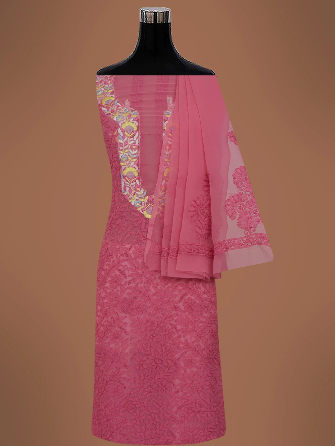 Ada Hand Embroidered Carrot Pink Georgette Lucknowi Chikankari Unstitched Suit Piece With Parsi Work 01A696769