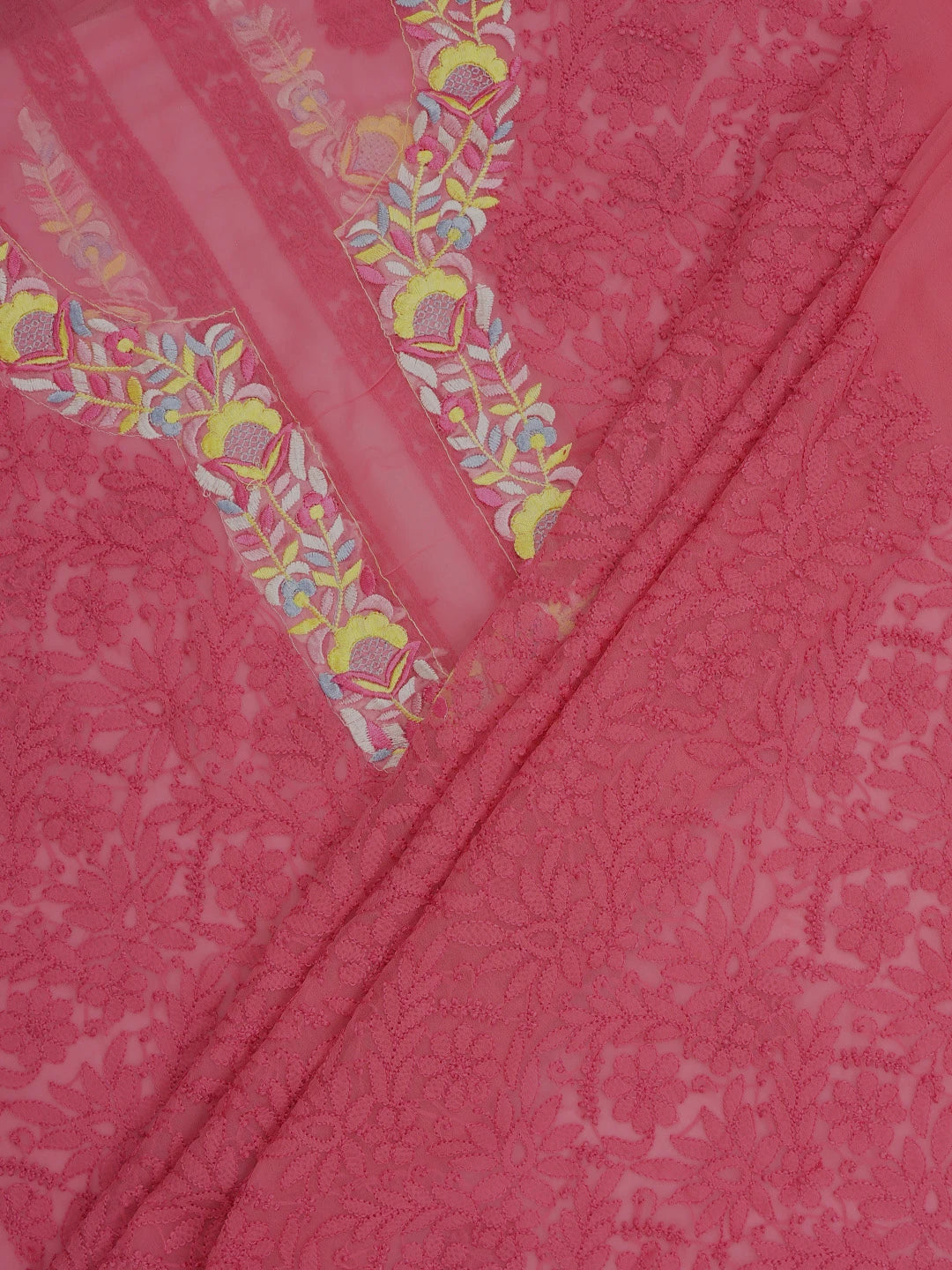 Ada Hand Embroidered Carrot Pink Georgette Lucknowi Chikankari Unstitched Suit Piece With Parsi Work 01A696769