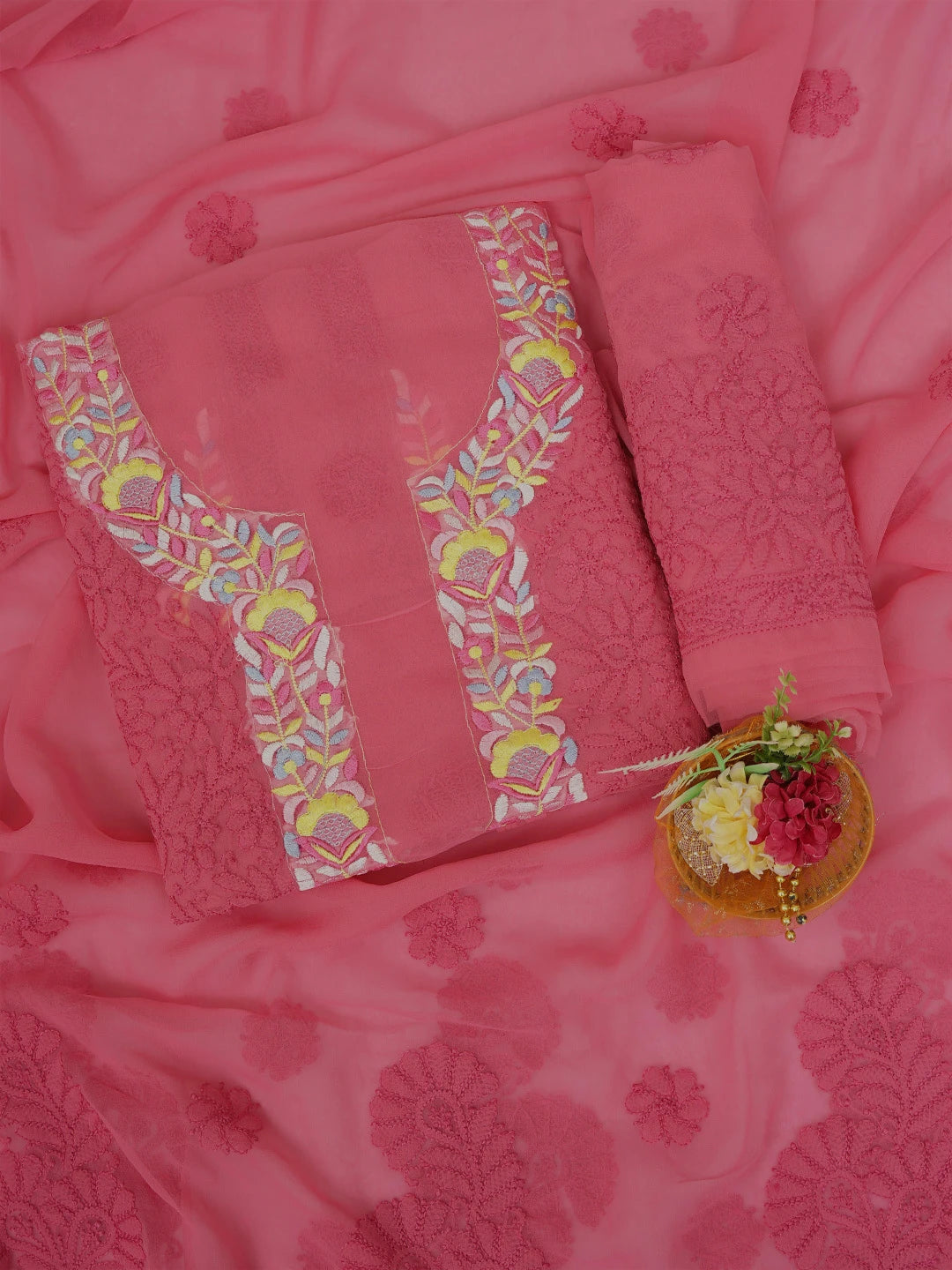 Ada Hand Embroidered Carrot Pink Georgette Lucknowi Chikankari Unstitched Suit Piece With Parsi Work 01A696769