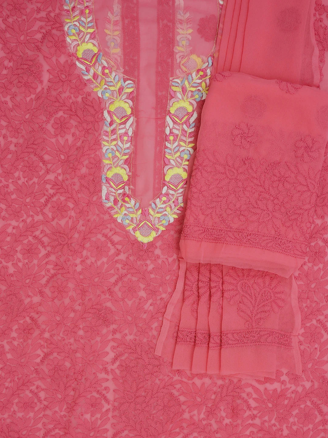 Ada Hand Embroidered Carrot Pink Georgette Lucknowi Chikankari Unstitched Suit Piece With Parsi Work 01A696769