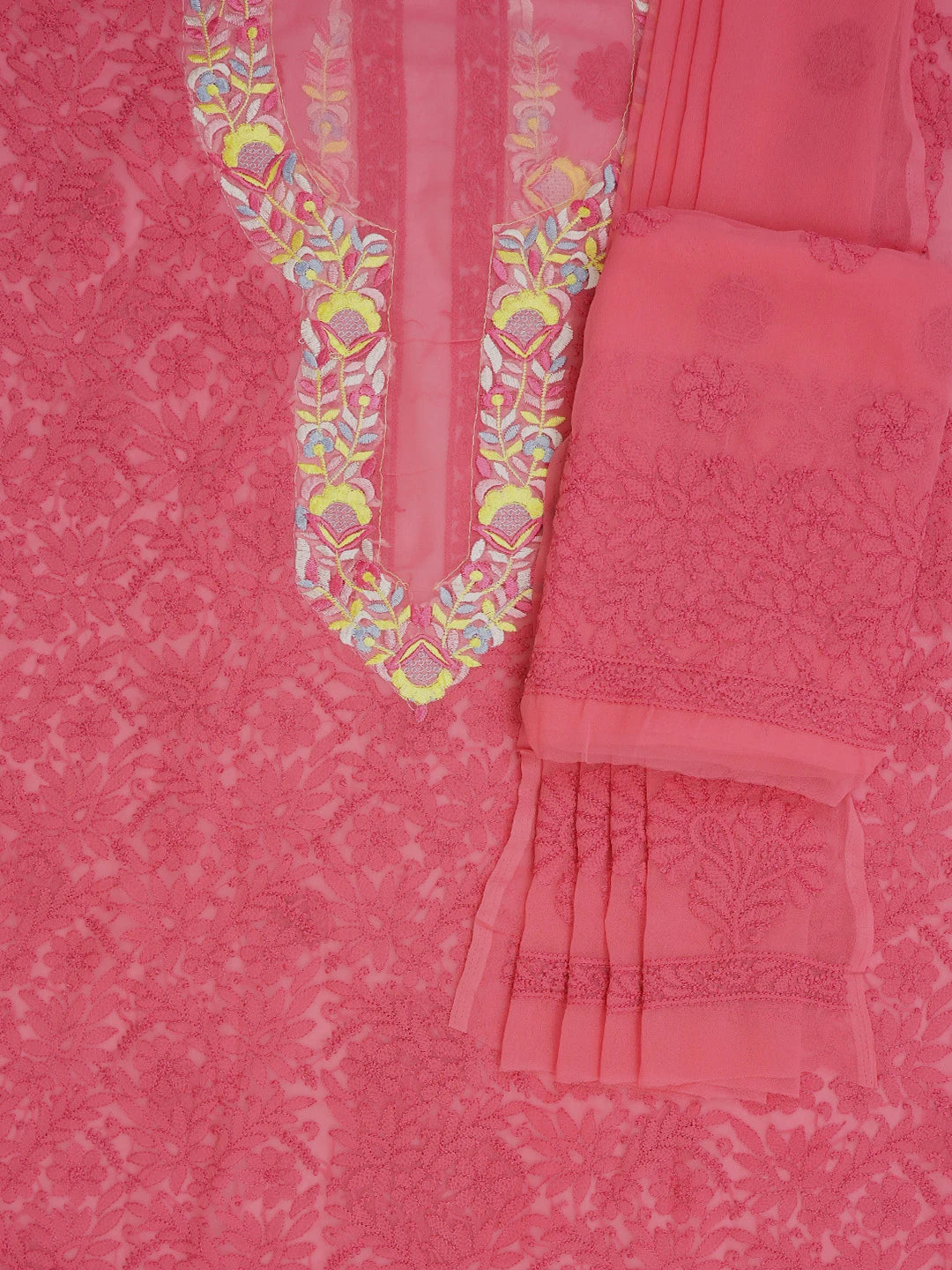 Ada Hand Embroidered Carrot Pink Georgette Lucknowi Chikankari Unstitched Suit Piece With Parsi Work 01A696769