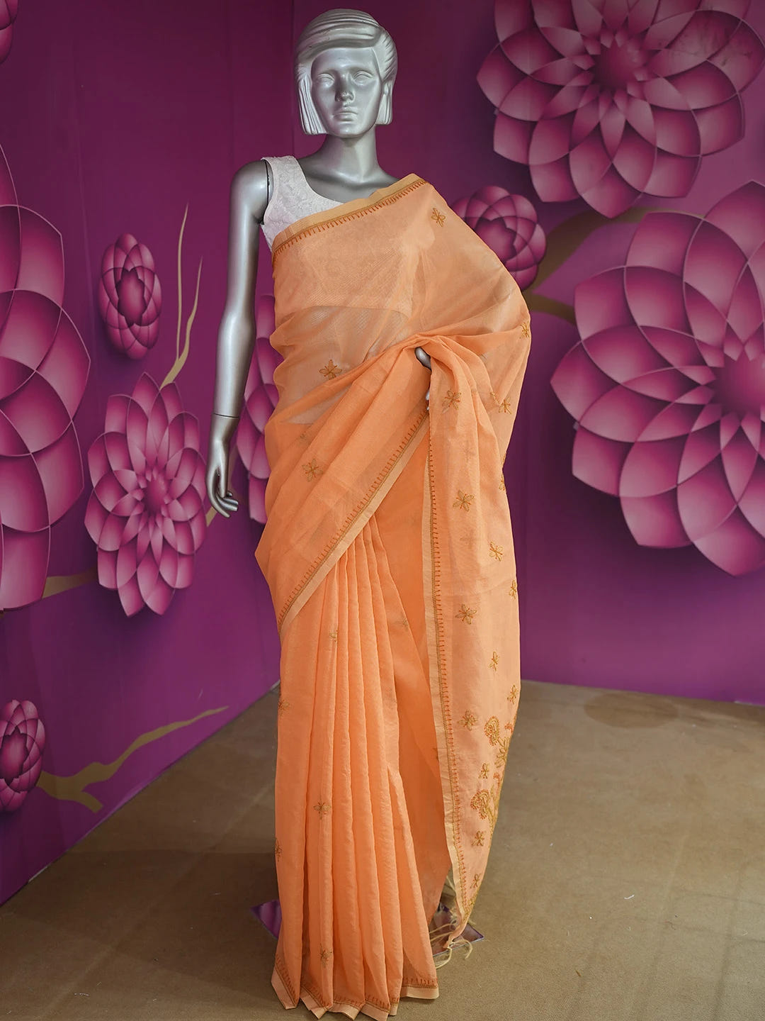 Ada Hand Embroidered Orange Super Net Lucknowi Chikankari Saree and Blouse 01A688538