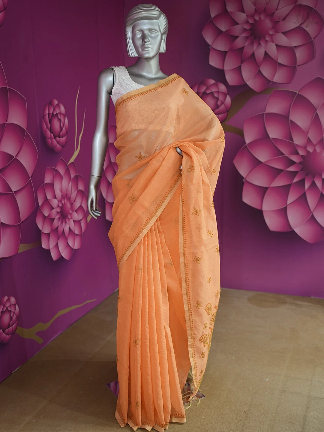 Ada Hand Embroidered Orange Super Net Lucknowi Chikankari Saree and Blouse 01A688538