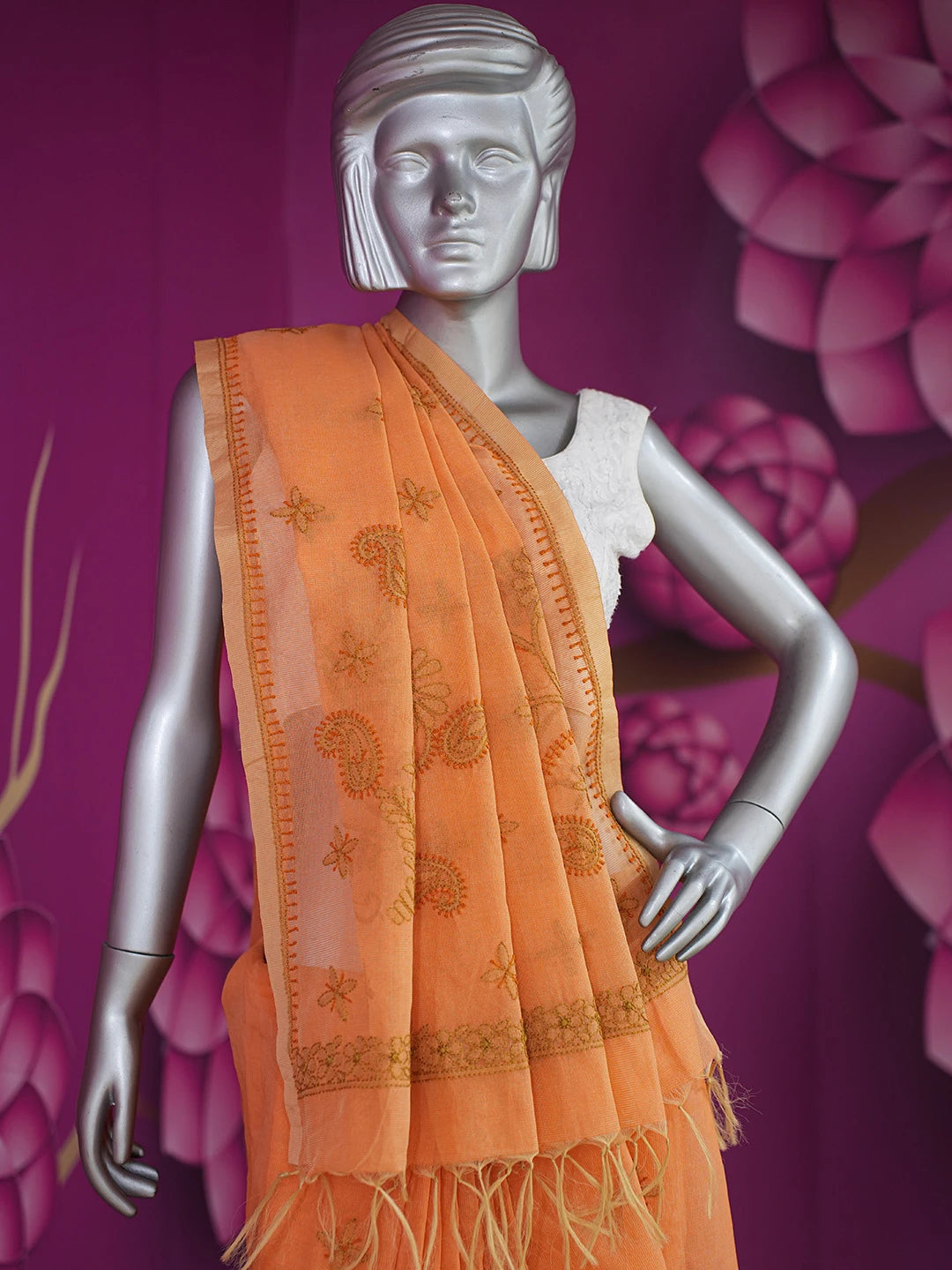 Ada Hand Embroidered Orange Super Net Lucknowi Chikankari Saree and Blouse 01A688538