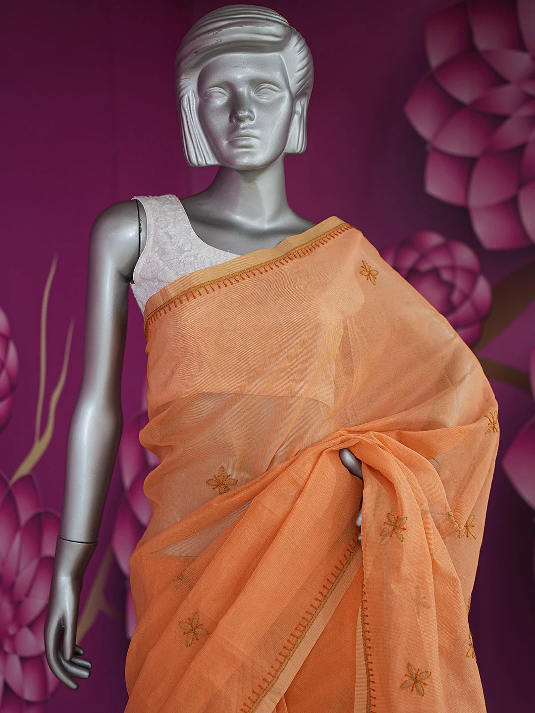 Ada Hand Embroidered Orange Super Net Lucknowi Chikankari Saree and Blouse 01A688538