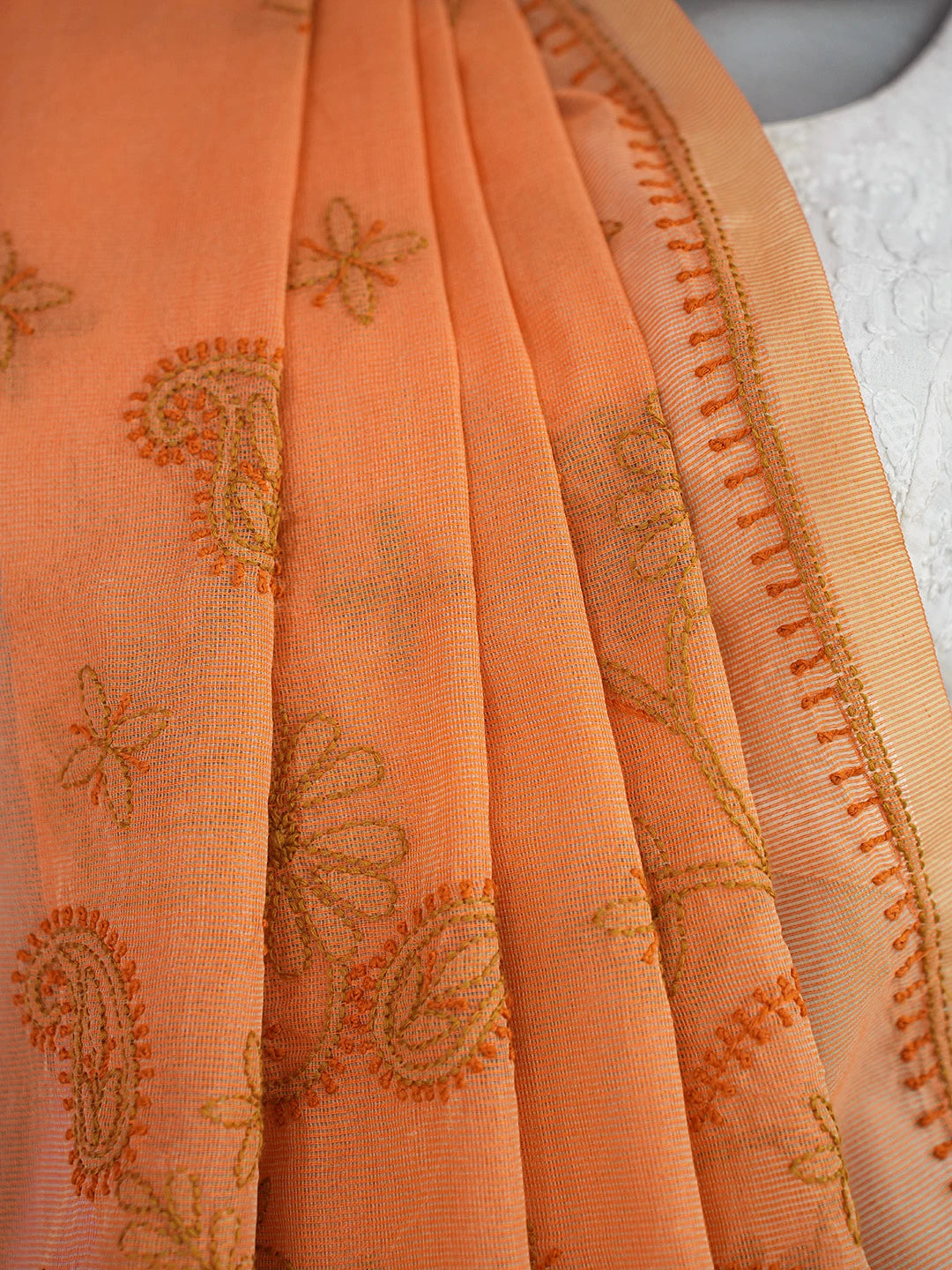 Ada Hand Embroidered Orange Super Net Lucknowi Chikankari Saree and Blouse 01A688538
