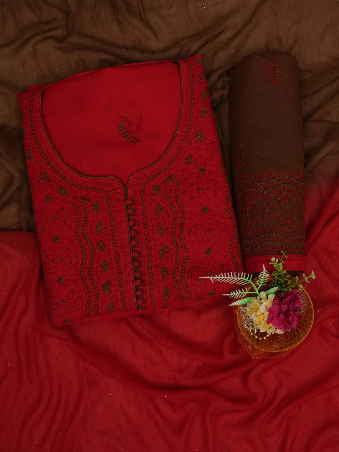 Ada Hand Embroidered Red Cotton Lucknowi Chikankari Unstitched Suit Piece 01A723532