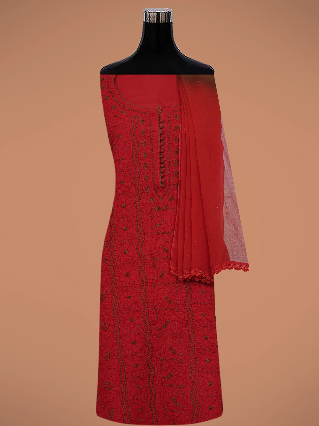 Ada Hand Embroidered Red Cotton Lucknowi Chikankari Unstitched Suit Piece 01A723532