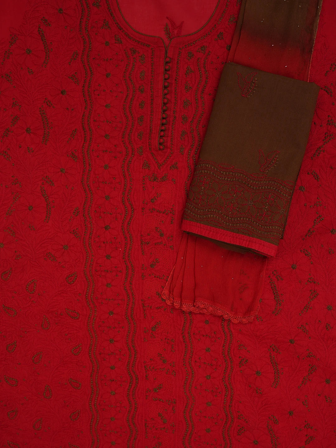 Ada Hand Embroidered Red Cotton Lucknowi Chikankari Unstitched Suit Piece 01A723532