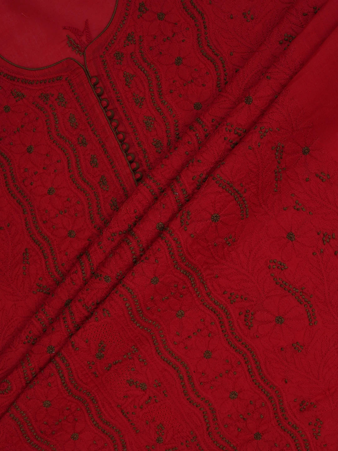 Ada Hand Embroidered Red Cotton Lucknowi Chikankari Unstitched Suit Piece 01A723532