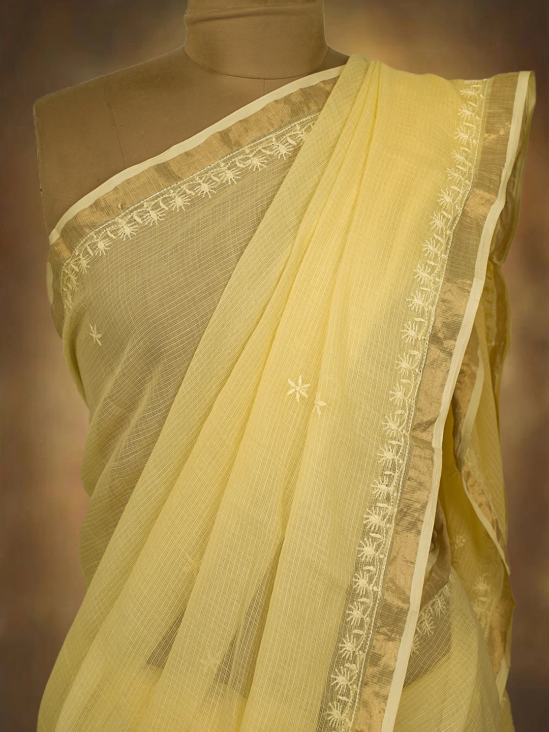 Ada Hand Embroidered Lemon Yellow Kota Lucknowi Chikankari Saree and Blouse 01A692938