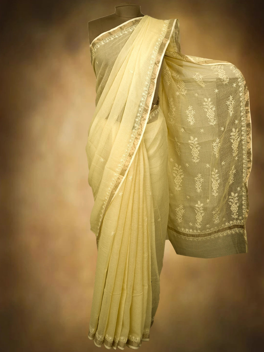 Ada Hand Embroidered Lemon Yellow Kota Lucknowi Chikankari Saree and Blouse 01A692938