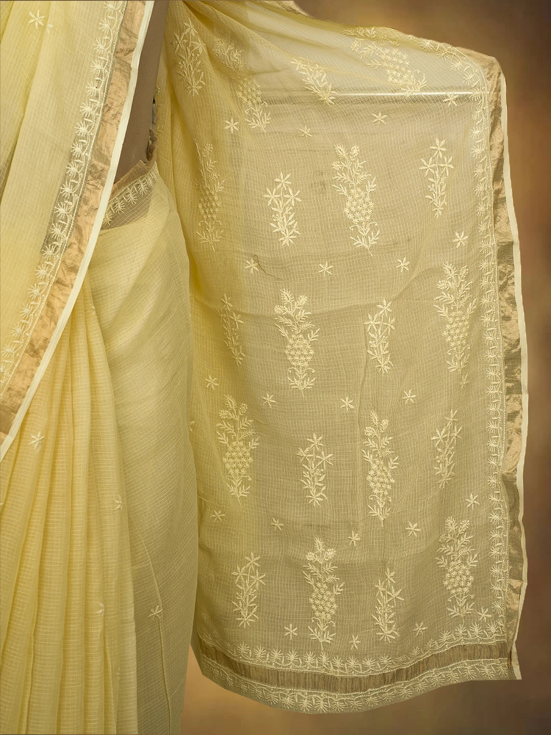 Ada Hand Embroidered Lemon Yellow Kota Lucknowi Chikankari Saree and Blouse 01A692938
