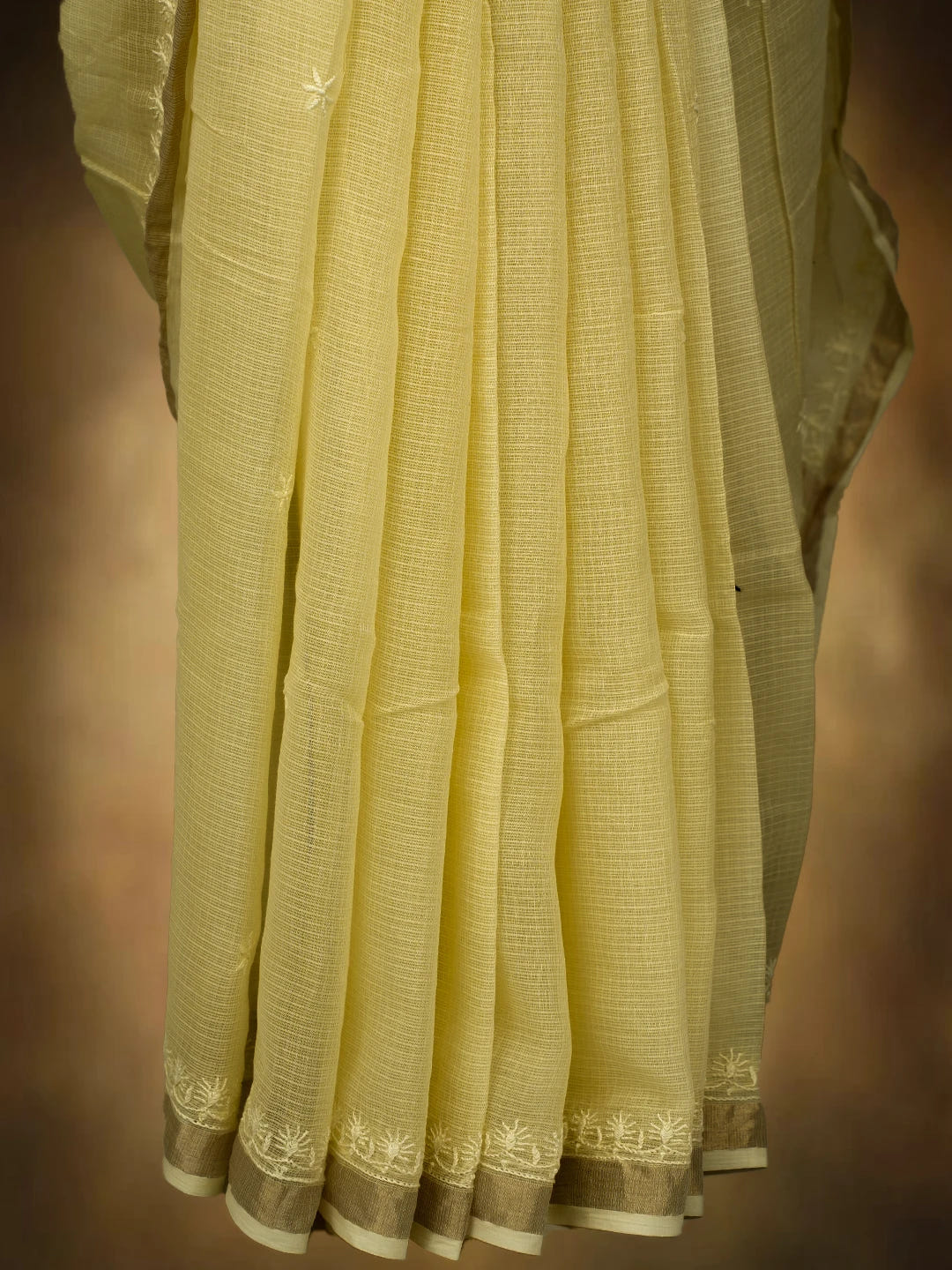 Ada Hand Embroidered Lemon Yellow Kota Lucknowi Chikankari Saree and Blouse 01A692938
