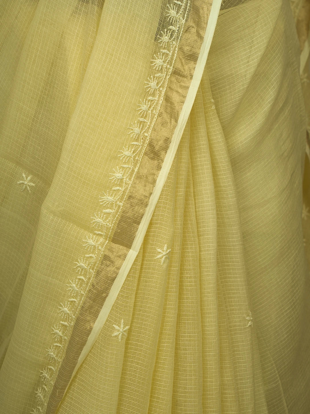 Ada Hand Embroidered Lemon Yellow Kota Lucknowi Chikankari Saree and Blouse 01A692938