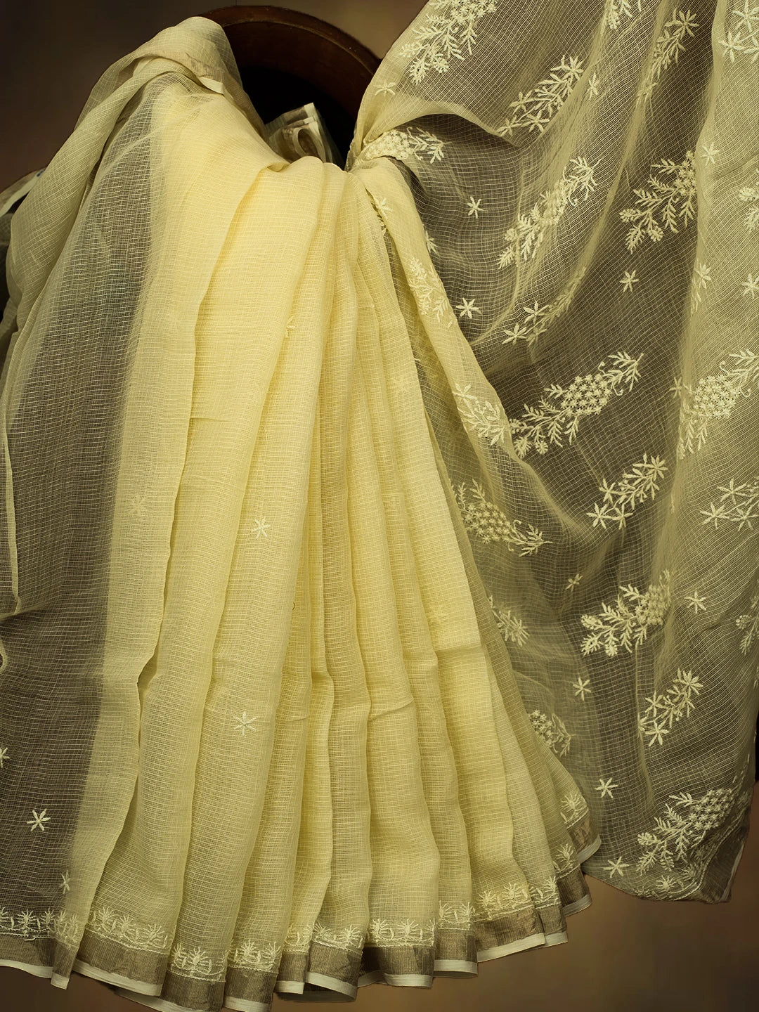 Ada Hand Embroidered Lemon Yellow Kota Lucknowi Chikankari Saree and Blouse 01A692938