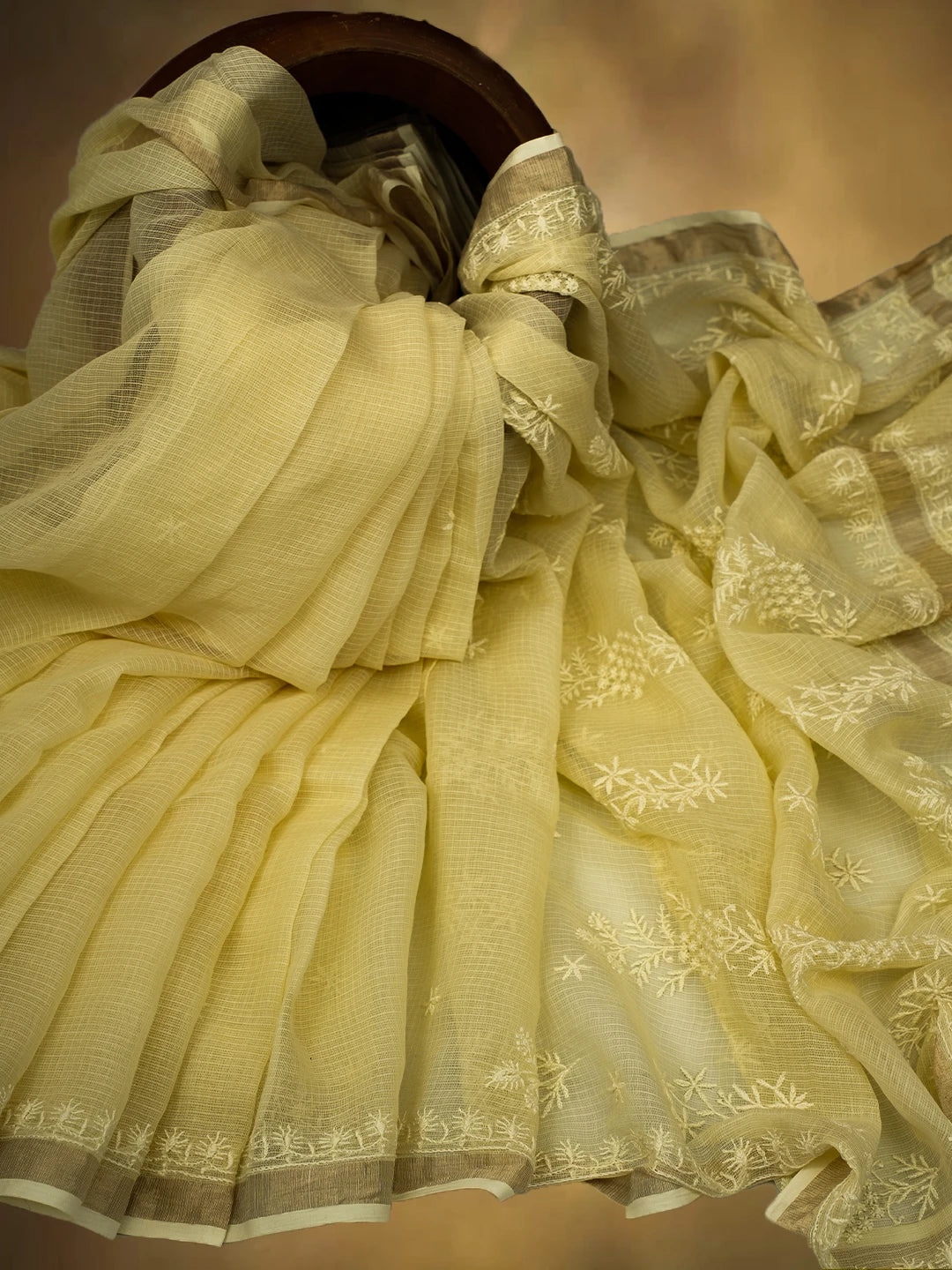 Ada Hand Embroidered Lemon Yellow Kota Lucknowi Chikankari Saree and Blouse 01A692938