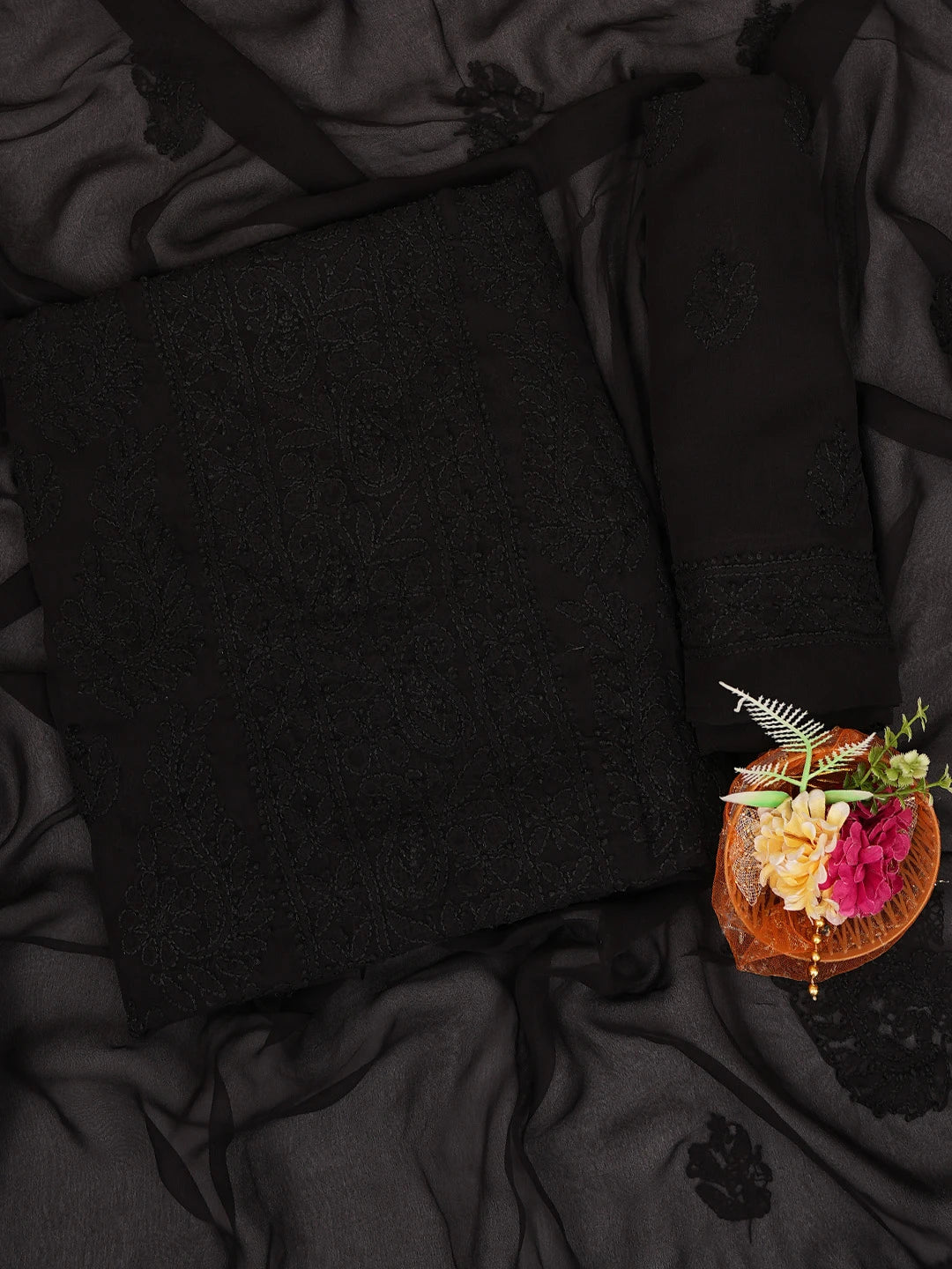 Ada Hand Embroidered Black Georgette Lucknowi Chikankari Unstitched Suit Piece 01A391124
