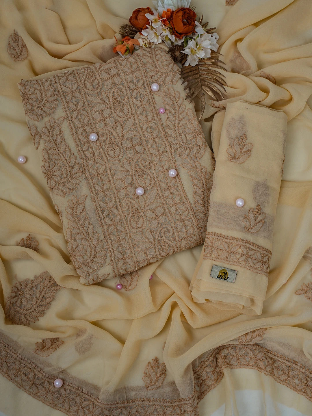 Ada Hand Embroidered Fawn Georgette Lucknowi Chikankari Unstitched Suit Piece A211286