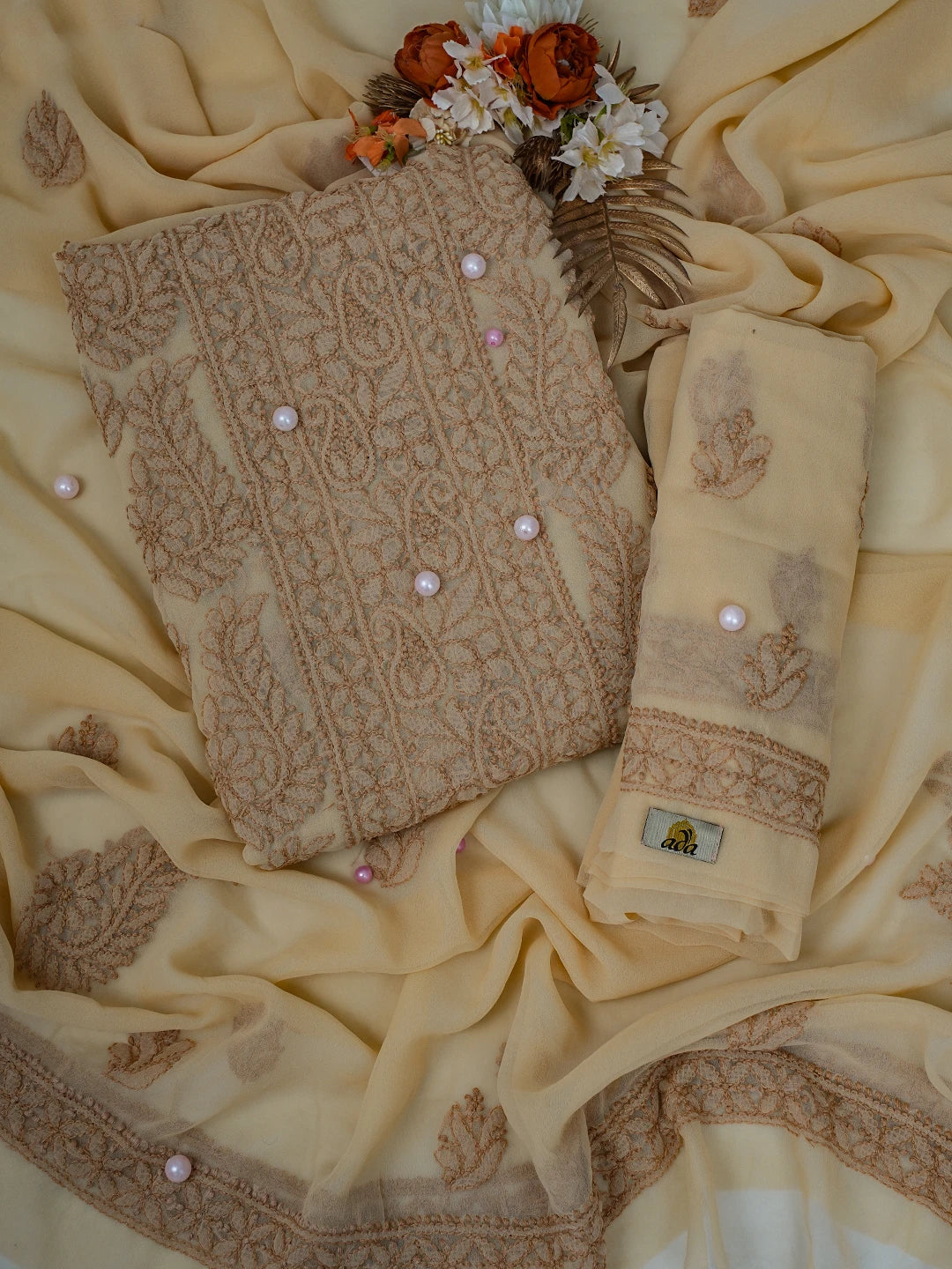 Ada Hand Embroidered Fawn Georgette Lucknowi Chikankari Unstitched Suit Piece A211286