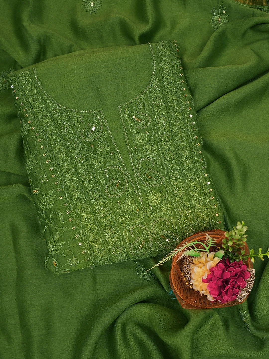 Ada Hand Embroidered Green Chanderi Lucknowi Chikankari Unstitched Kurta Dupatta Set With Cutdana Work 01A665704