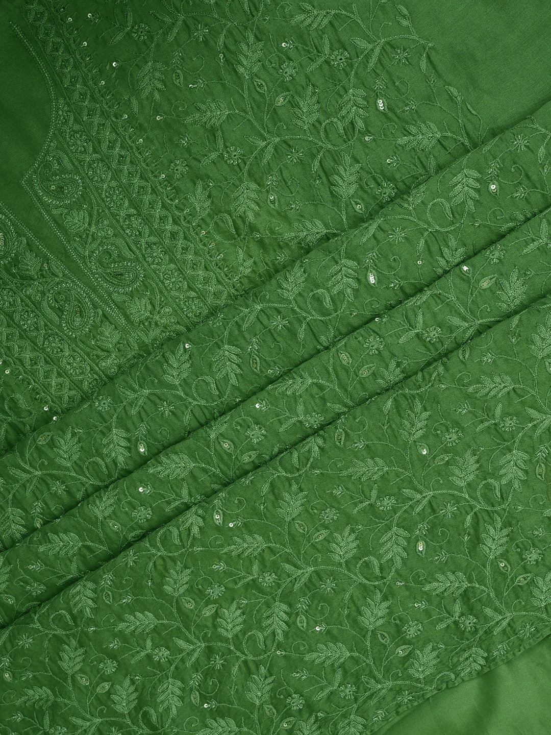 Ada Hand Embroidered Green Chanderi Lucknowi Chikankari Unstitched Kurta Dupatta Set With Cutdana Work 01A665704