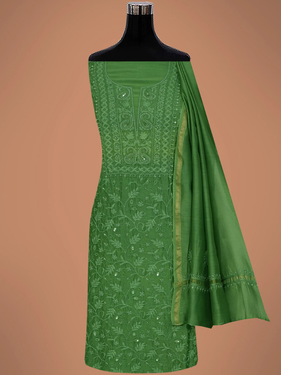 Ada Hand Embroidered Green Chanderi Lucknowi Chikankari Unstitched Kurta Dupatta Set With Cutdana Work 01A665704