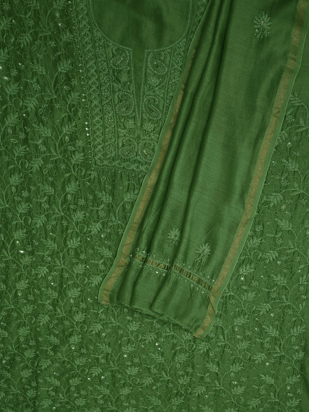 Ada Hand Embroidered Green Chanderi Lucknowi Chikankari Unstitched Kurta Dupatta Set With Cutdana Work 01A665704