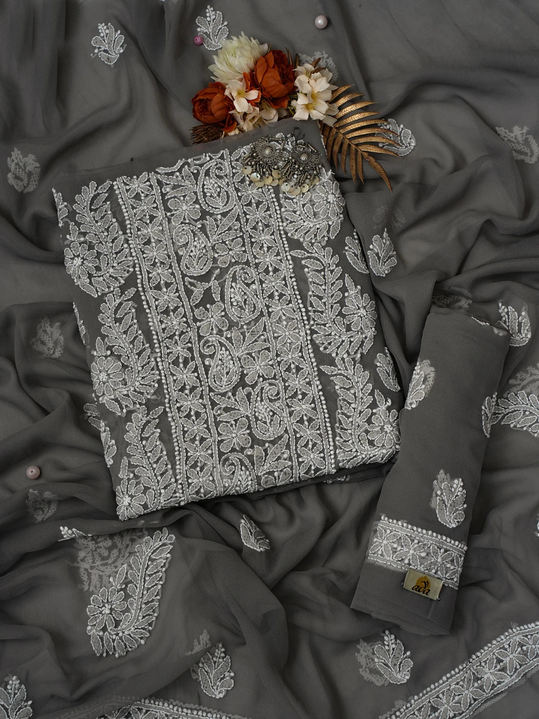 Ada Hand Embroidered Fossil Grey Georgette Lucknowi Chikankari Unstitched Suit Piece A211292