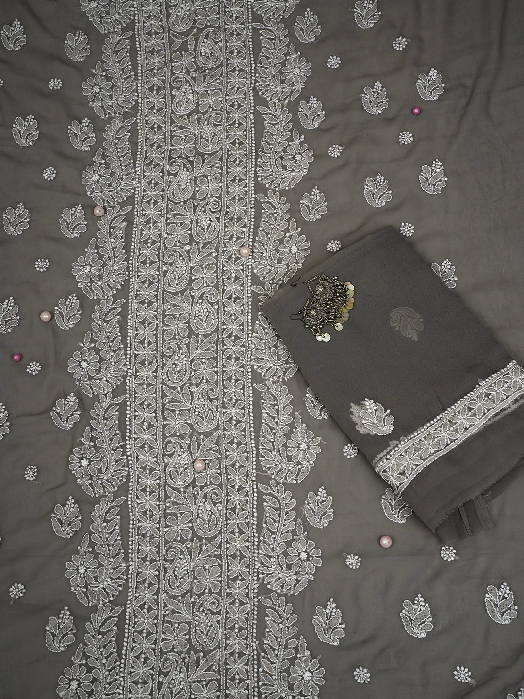Ada Hand Embroidered Fossil Grey Georgette Lucknowi Chikankari Unstitched Suit Piece A211292