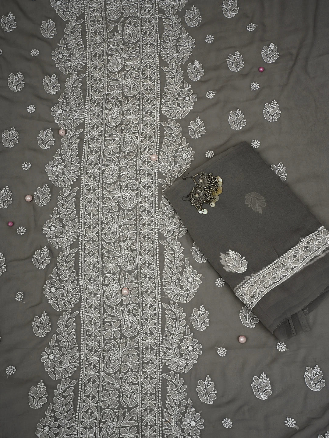 Ada Hand Embroidered Fossil Grey Georgette Lucknowi Chikankari Unstitched Suit Piece A211292
