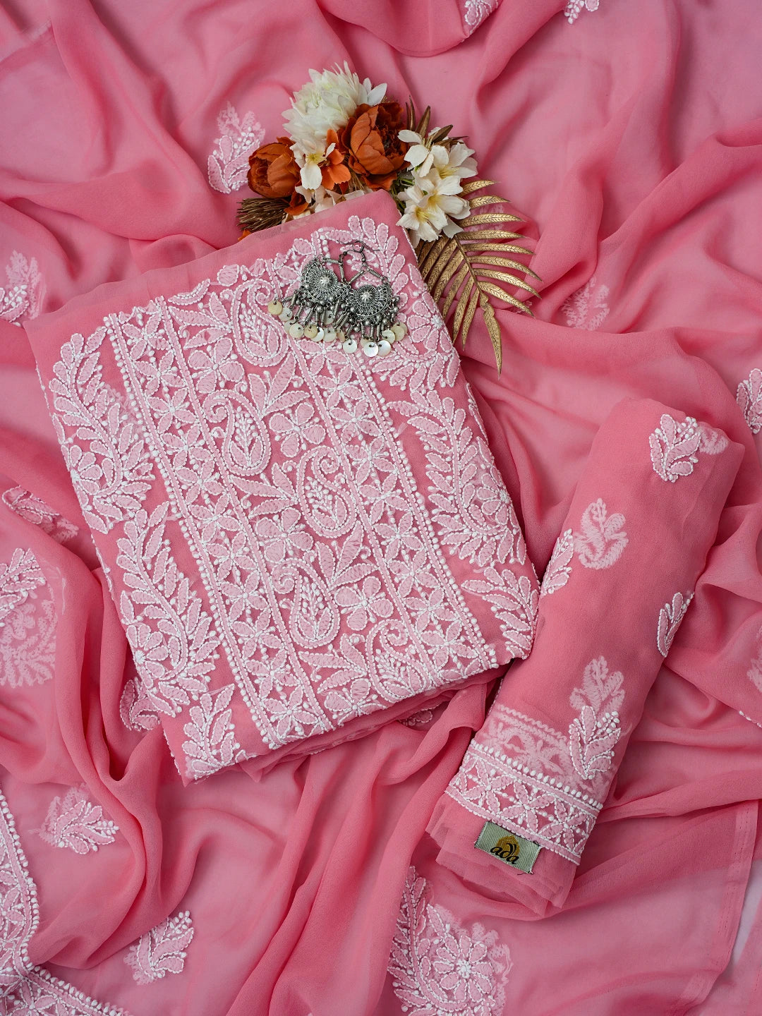 Ada Hand Embroidered Salmon Peach Georgette Lucknowi Chikankari Unstitched Suit Piece A211293