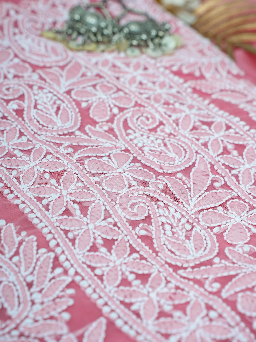 Ada Hand Embroidered Salmon Peach Georgette Lucknowi Chikankari Unstitched Suit Piece A211293