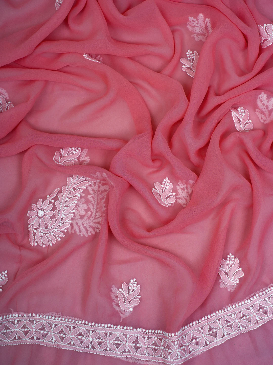 Ada Hand Embroidered Salmon Peach Georgette Lucknowi Chikankari Unstitched Suit Piece A211293