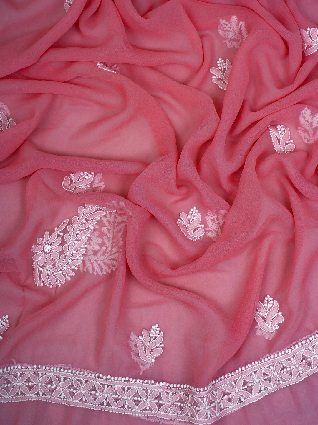 Ada Hand Embroidered Salmon Peach Georgette Lucknowi Chikankari Unstitched Suit Piece A211293