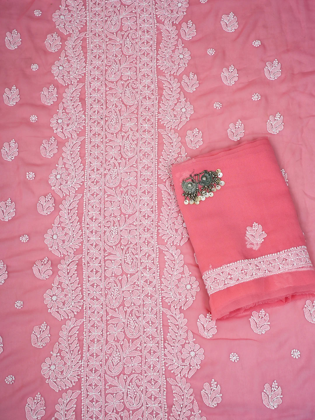 Ada Hand Embroidered Salmon Peach Georgette Lucknowi Chikankari Unstitched Suit Piece A211293
